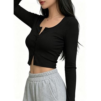 Womens Ribbed Long Sleeve Going Out Tops Button Down Cardigan Lightweight Regular Length