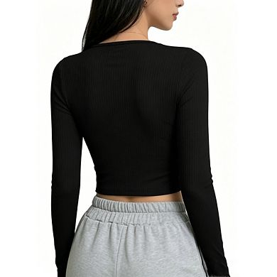 Womens Ribbed Long Sleeve Going Out Tops Button Down Cardigan Lightweight Regular Length