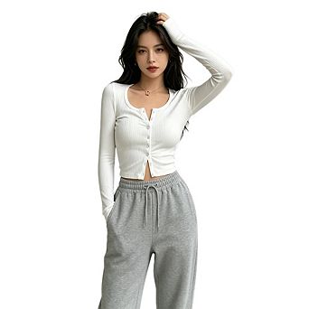 Womens Ribbed Long Sleeve Going Out Tops Button Down Cardigan Lightweight Regular Length