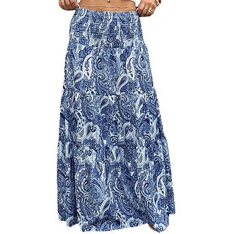 Women's Floral Tiered Maxi Skirt, High Waist Smocked Boho Beach Flowy Long Skirt