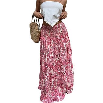 Women's Floral Tiered Maxi Skirt, High Waist Smocked Boho Beach Flowy Long Skirt