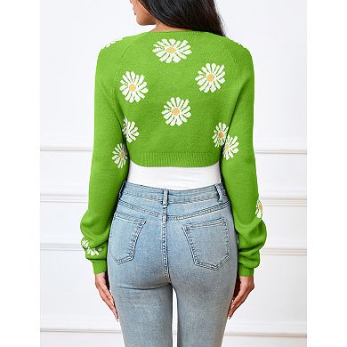 Women Knit Floral Cardigan Long Sleeve Sweater Shrug
