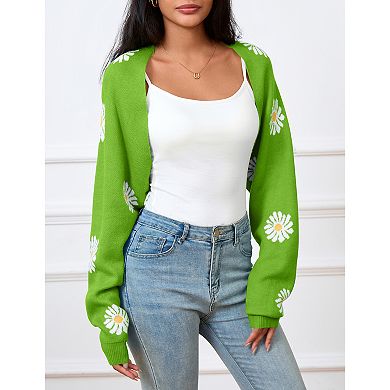 Women Knit Floral Cardigan Long Sleeve Sweater Shrug