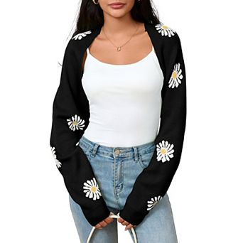 Women Knit Floral Cardigan Long Sleeve Sweater Shrug