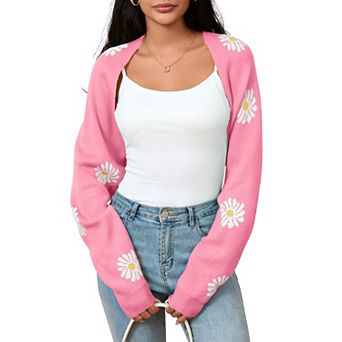 Women Knit Floral Cardigan Long Sleeve Sweater Shrug