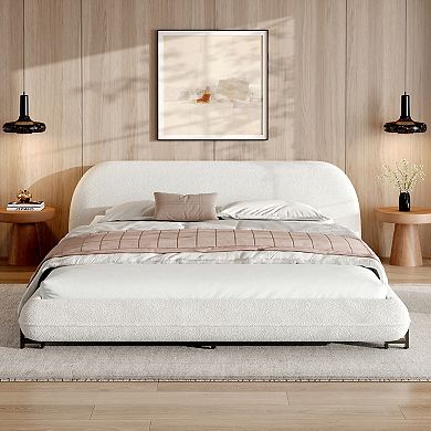 Pnronnc Boucle Fabric Upholstered Low Profile Platform Bed Frame