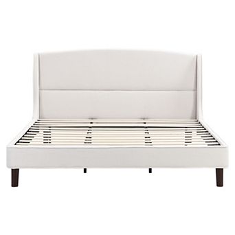 Pnronnc Linen Fabric Upholstered Wingback Bed with Wood Slat Frame Built-in Metal Legs Support