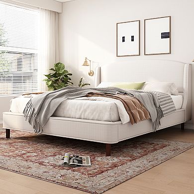 Pnronnc Linen Fabric Upholstered Wingback Bed with Wood Slat Frame Built-in Metal Legs Support