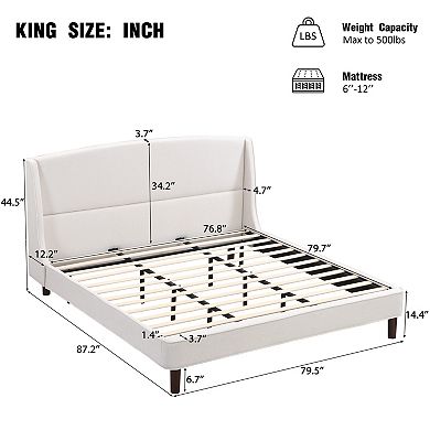 Pnronnc Linen Fabric Upholstered Wingback Bed with Wood Slat Frame Built-in Metal Legs Support