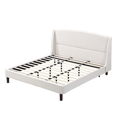 Pnronnc Linen Fabric Upholstered Wingback Bed with Wood Slat Frame Built-in Metal Legs Support