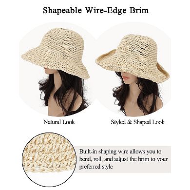 Womens Crochet Straw Sun Hat Wide Brim Foldable Beach Summer