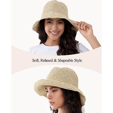 Womens Crochet Straw Sun Hat Wide Brim Foldable Beach Summer