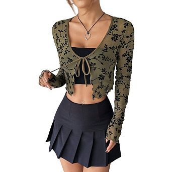 Women's Y2K Crop Tops Long Sleeve Floral Lace Cropped Mesh Sheer Tie Front Tops