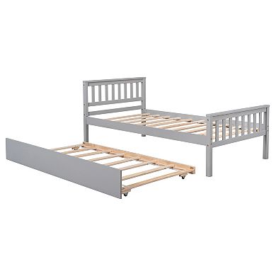 Pnronnc Twin Size Bed with Trundle Bed, No Box Spring Needed Platform Bed Frame