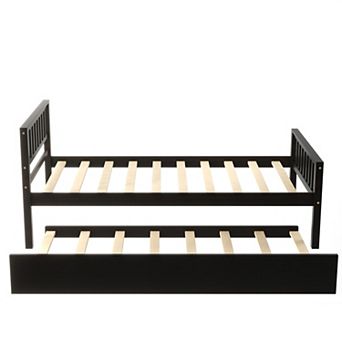 Pnronnc Twin Size Bed with Trundle Bed, No Box Spring Needed Platform Bed Frame