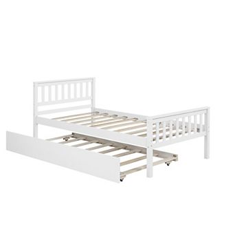 Pnronnc Twin Size Bed with Trundle Bed, No Box Spring Needed Platform Bed Frame