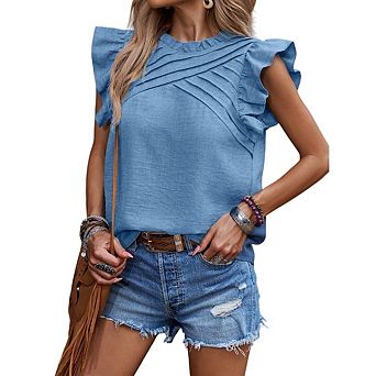 Womens Trendy Ruffle Trim Flutter Sleeve Crewneck Casual Basic Going Out Tunic Tops