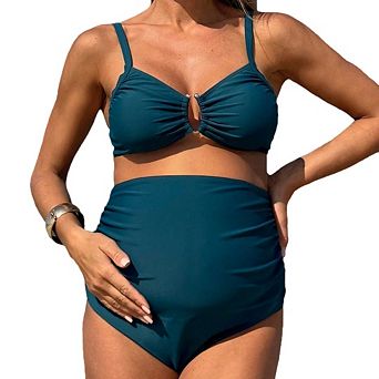 Women Maternity Swimsuit Ribbed High Waist Bikini Sets Twist Cutout Front Bathing Suit Swimwear