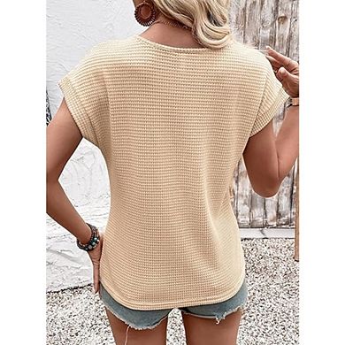 Womens Boho Crew Neck Top Lace Cap Sleeves Casual Waffle Knit Shirts