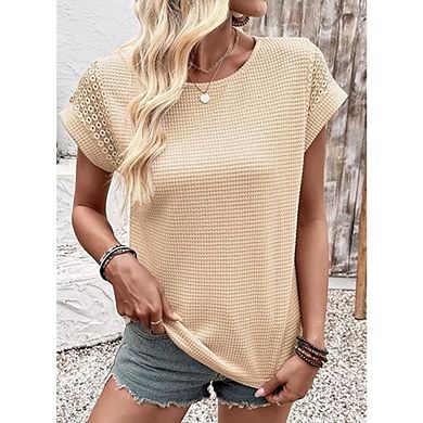 Womens Boho Crew Neck Top Lace Cap Sleeves Casual Waffle Knit Shirts
