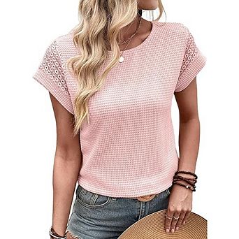 Womens Boho Crew Neck Top Lace Cap Sleeves Casual Waffle Knit Shirts