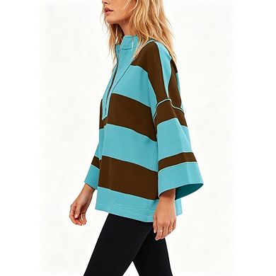 Womens Stripe Pullover Half Zip Hoodie Color Block Stand Collar Oversized Casual Top