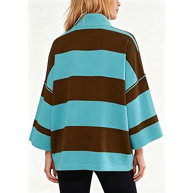 Womens Stripe Pullover Half Zip Hoodie Color Block Stand Collar Oversized Casual Top