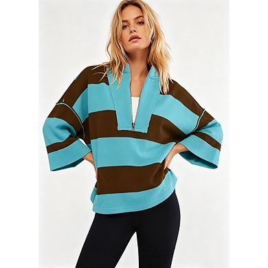 Womens Stripe Pullover Half Zip Hoodie Color Block Stand Collar Oversized Casual Top