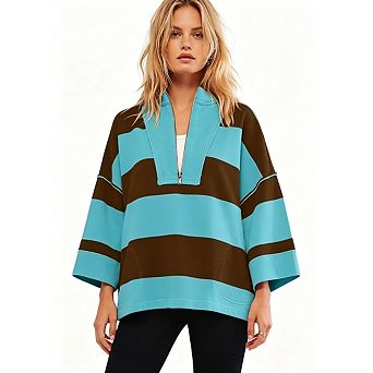 Womens Stripe Pullover Half Zip Hoodie Color Block Stand Collar Oversized Casual Top