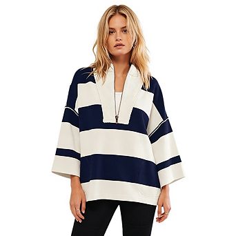 Womens Stripe Pullover Half Zip Hoodie Color Block Stand Collar Oversized Casual Top
