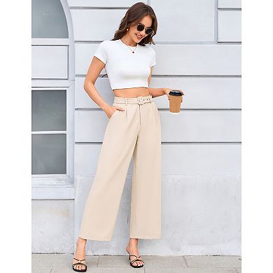 Women Cropped Pants Wide Leg Straight Trousers with Belt