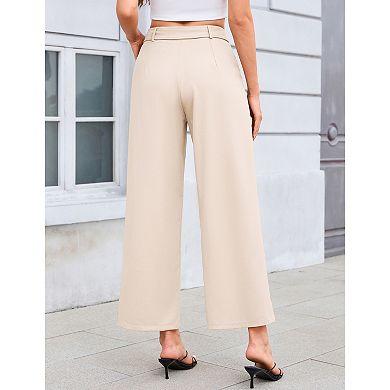 Women Cropped Pants Wide Leg Straight Trousers with Belt