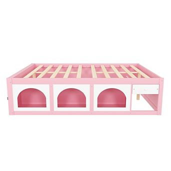 Pnronnc Wooden Platform Bed Open Bed Frame with Bookshelf, Display Cabinet, LED Light and Drawer