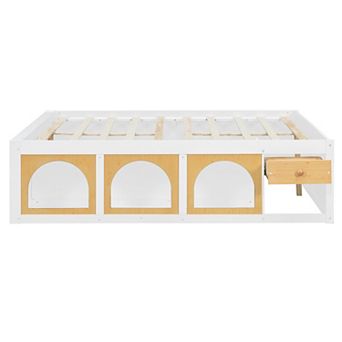 Pnronnc Wooden Platform Bed Open Bed Frame with Bookshelf, Display Cabinet, LED Light and Drawer