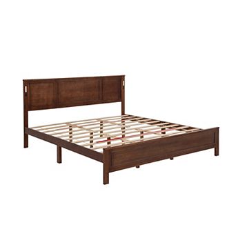 Pnronnc Farmhouse Panel Bed Low Profile Bed Platform Bed with LED Lights and USB Charging Station