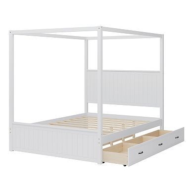 Pnronnc Queen Canopy Platform Bed Four Poster Bed with Trundle & Drawers 4-Post Solid Wood Bed Frame