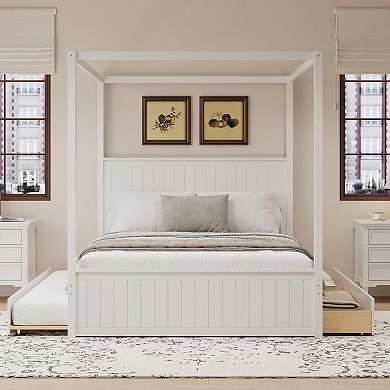 Pnronnc Queen Canopy Platform Bed Four Poster Bed with Trundle & Drawers 4-Post Solid Wood Bed Frame
