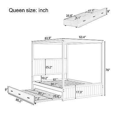 Pnronnc Queen Canopy Platform Bed Four Poster Bed with Trundle & Drawers 4-Post Solid Wood Bed Frame