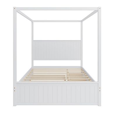Pnronnc Queen Canopy Platform Bed Four Poster Bed with Trundle & Drawers 4-Post Solid Wood Bed Frame