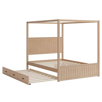 Pnronnc Queen Canopy Platform Bed Four Poster Bed with Trundle & Drawers 4-Post Solid Wood Bed Frame