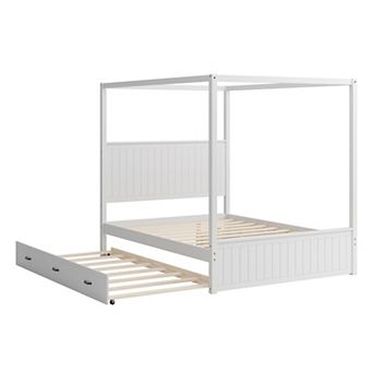 Pnronnc Queen Canopy Platform Bed Four Poster Bed with Trundle & Drawers 4-Post Solid Wood Bed Frame