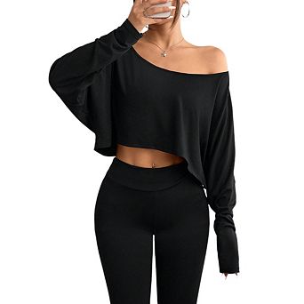 Women's Off Shoulder Long Sleeve Crop Top Loose Casual T-Shirt