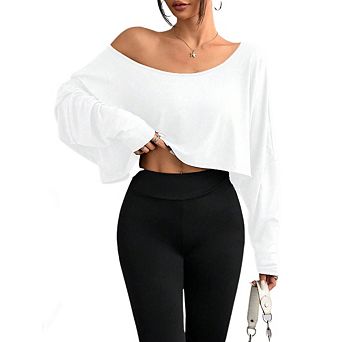 Women's Off Shoulder Long Sleeve Crop Top Loose Casual T-Shirt