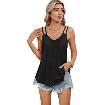 Women Eyelet Sleeveless V Neck Cute Loose Fit Flowy Tank Tops