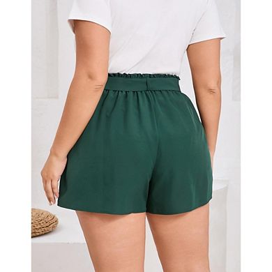 Women's Plus Size Self Tie Belt Shorts Ruffled Waist Beach Shorts