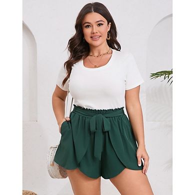 Women's Plus Size Self Tie Belt Shorts Ruffled Waist Beach Shorts
