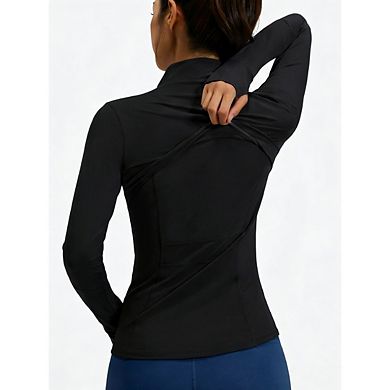Womens Workout Zip Up Jacket Slim Fit Lightweight Running Top With Pockets & Thumb Holes