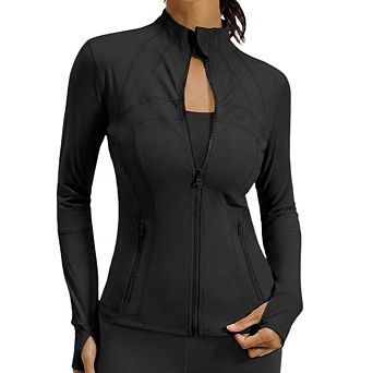 Womens Workout Zip Up Jacket Slim Fit Lightweight Running Top With Pockets & Thumb Holes
