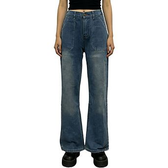 Women's Casual Boyfriend Y2K Denim Pants High Waisted Wide Leg Jeans with Pockets