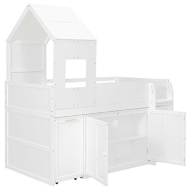 Pnronnc Wooden Frame House Bed Twin Size Wooden Loft Bed with Pull-out Desk, Drawers, Cabinets
